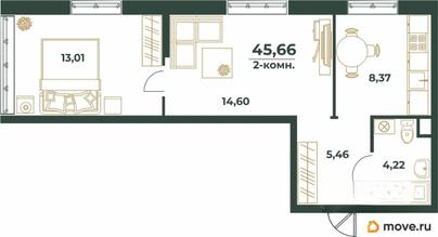 2-комн. квартира, 45.66 м&sup2;