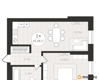 1-комн. квартира, 45.48 м&sup2;