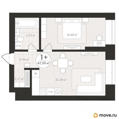 1-комн. квартира, 47.5 м&sup2;