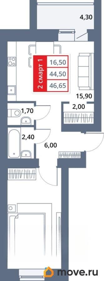 2-комн. квартира, 46.65 м&sup2;