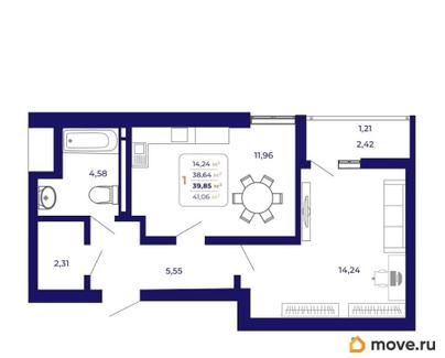 1-комн. квартира, 39.85 м&sup2;