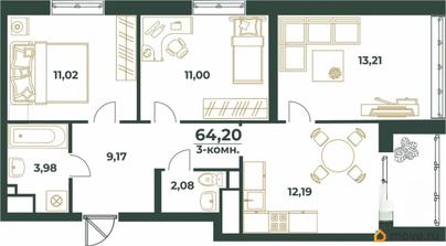3-комн. квартира, 64.2 м&sup2;