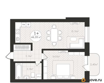 1-комн. квартира, 46.2 м&sup2;