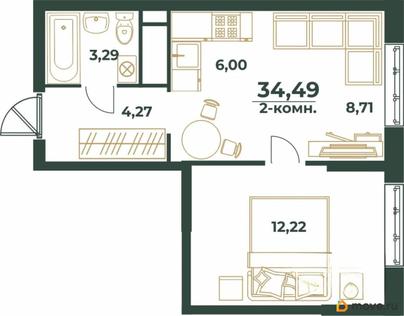 2-комн. квартира, 34.49 м&sup2;