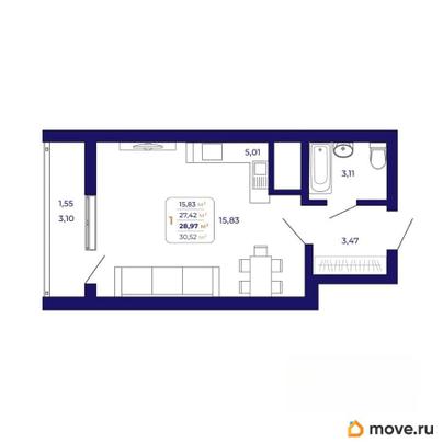 1-комн. квартира, 29.2 м&sup2;