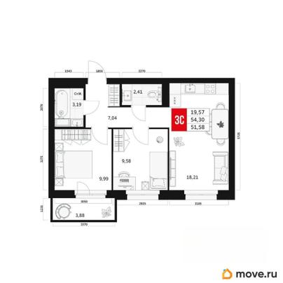 3-комн. квартира, 51.58 м&sup2;