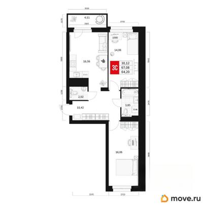 3-комн. квартира, 64.2 м&sup2;