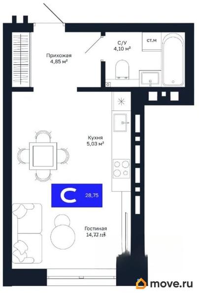 1-комн. квартира, 28.75 м&sup2;