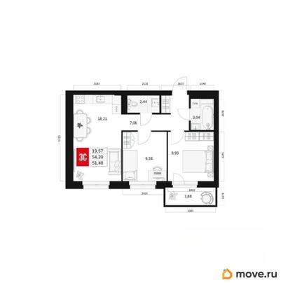 3-комн. квартира, 51.48 м&sup2;