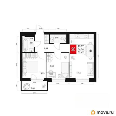 3-комн. квартира, 51.42 м&sup2;