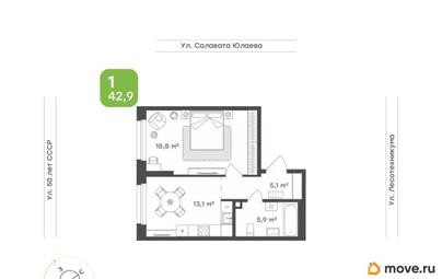 1-комн. квартира, 42.9 м&sup2;