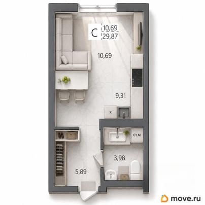студия, 29.87 м&sup2;