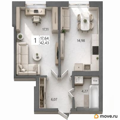 1-комн. квартира, 42.43 м&sup2;