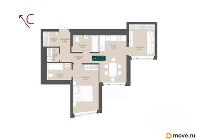 2-комн. квартира, 56.7 м&sup2;