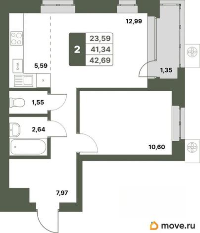 2-комн. квартира, 42.69 м&sup2;