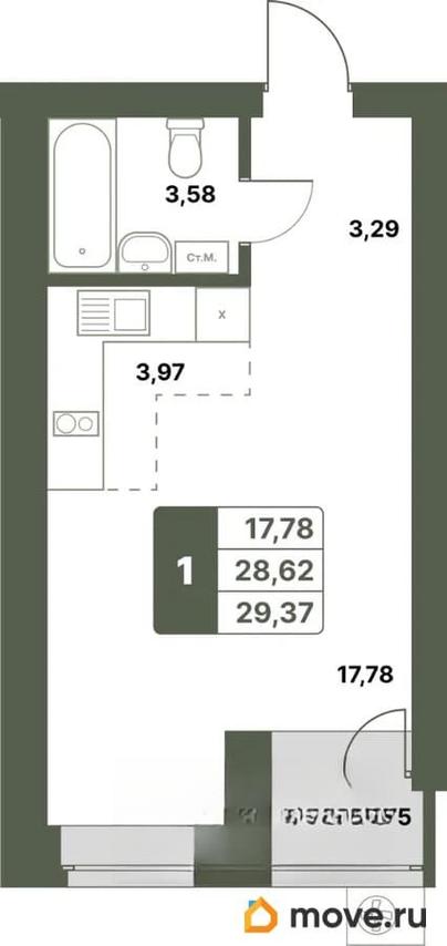 1-комн. квартира, 29.37 м&sup2;