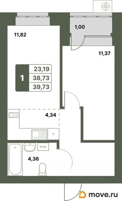 1-комн. квартира, 39.73 м&sup2;