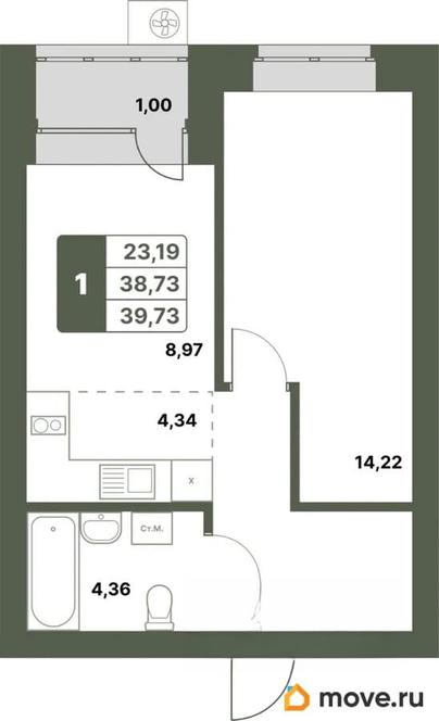 1-комн. квартира, 39.73 м&sup2;