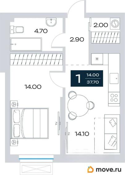 1-комн. квартира, 37.7 м&sup2;