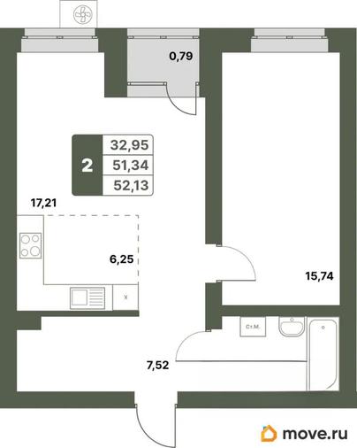 2-комн. квартира, 52.13 м&sup2;