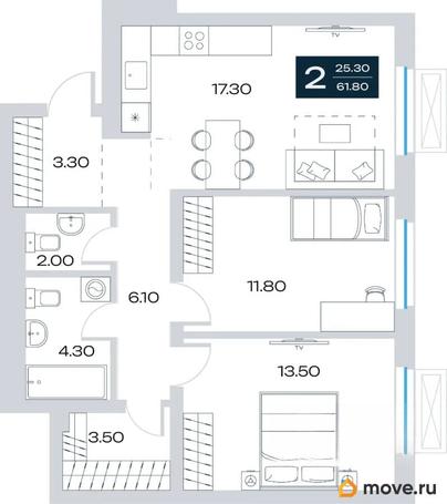 2-комн. квартира, 61.8 м&sup2;