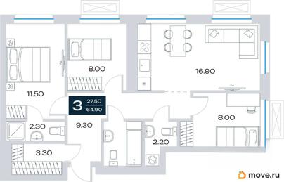 3-комн. квартира, 64.9 м&sup2;