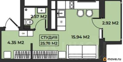 1-комн. апартаменты, 25.78 м&sup2;