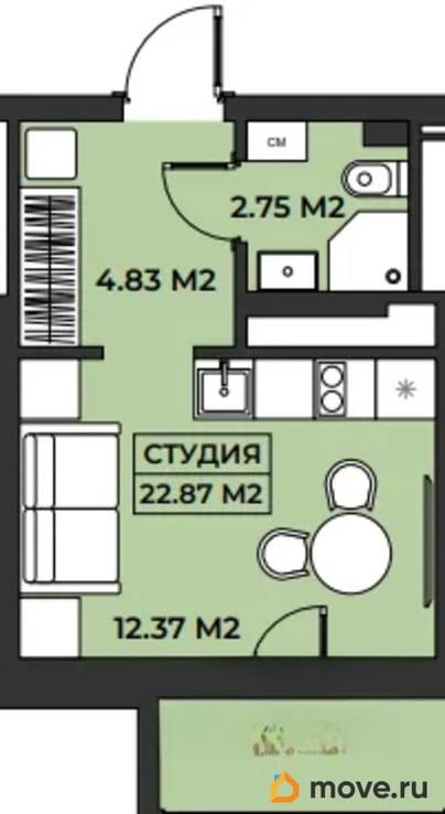 1-комн. апартаменты, 22.87 м&sup2;