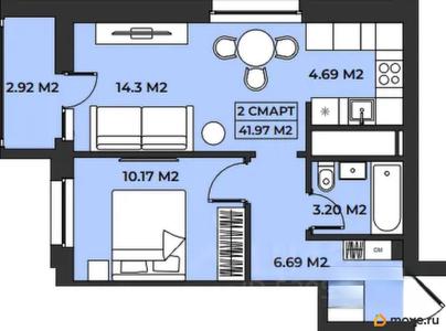 1-комн. апартаменты, 41.97 м&sup2;