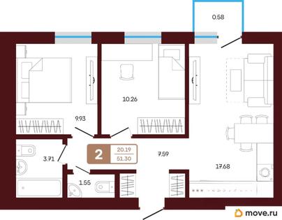 2-комн. квартира, 51.3 м&sup2;