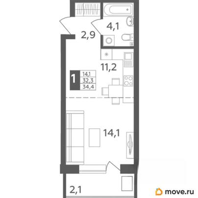 студия, 34.4 м&sup2;