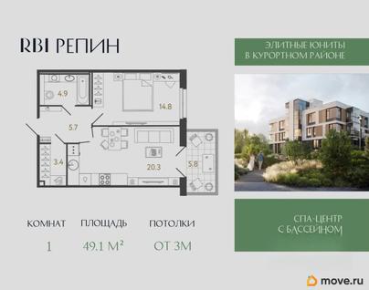 1-комн. апартаменты, 49.1 м&sup2;