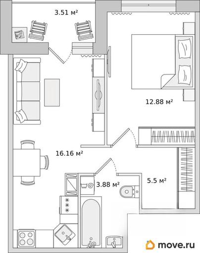1-комн. квартира, 40.85 м&sup2;