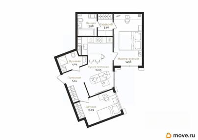 2-комн. квартира, 57.38 м&sup2;