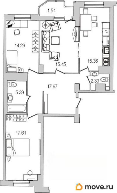 3-комн. квартира, 89 м&sup2;