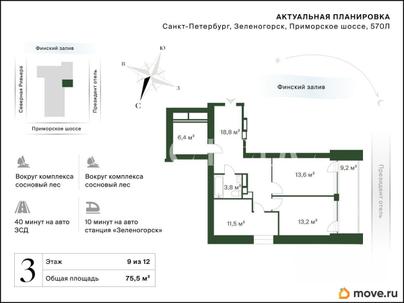 2-комн. апартаменты, 75.5 м&sup2;
