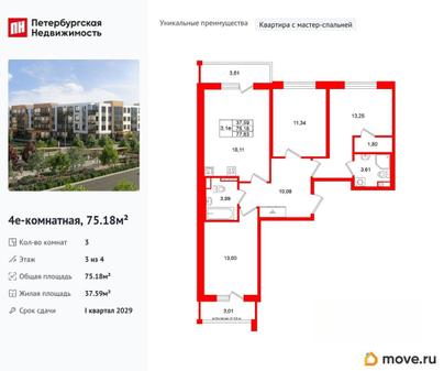 3-комн. квартира, 75.18 м&sup2;