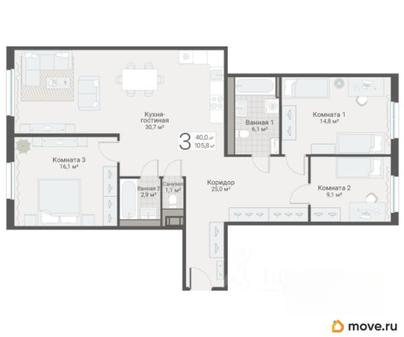 3-комн. квартира, 105.8 м&sup2;