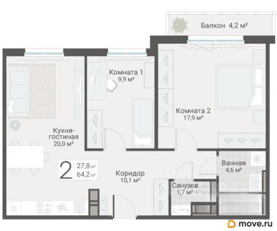 2-комн. квартира, 64.2 м&sup2;