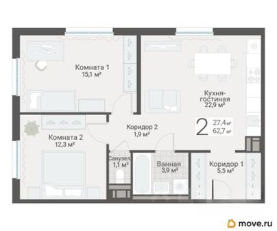 2-комн. квартира, 62.7 м&sup2;