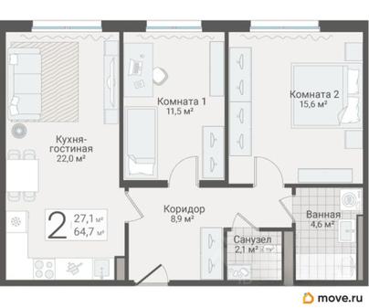 2-комн. квартира, 64.7 м&sup2;