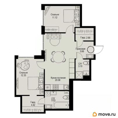 2-комн. квартира, 62.62 м&sup2;