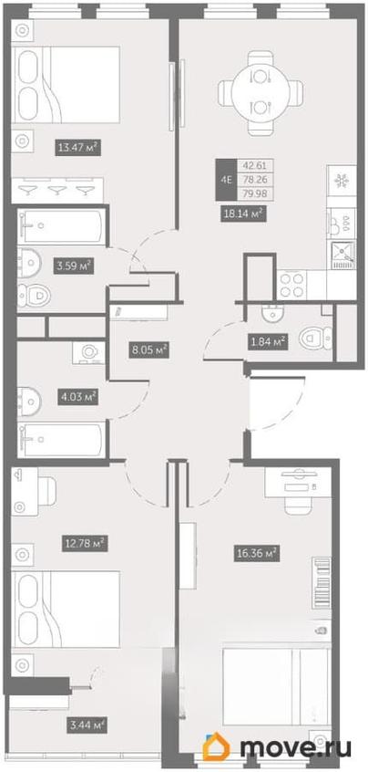 3-комн. квартира, 79.98 м&sup2;