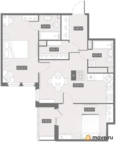 2-комн. квартира, 67.55 м&sup2;