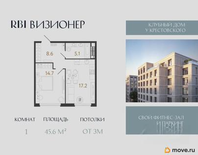 1-комн. квартира, 45.6 м&sup2;