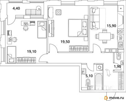 2-комн. квартира, 75.6 м&sup2;