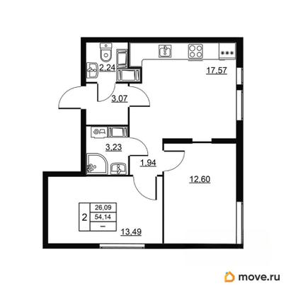 2-комн. квартира, 54.14 м&sup2;