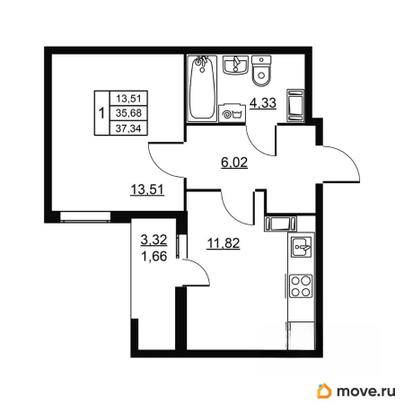 1-комн. квартира, 37.34 м&sup2;
