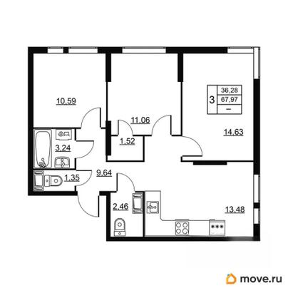 3-комн. квартира, 67.97 м&sup2;