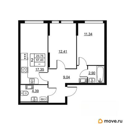 2-комн. квартира, 57.43 м&sup2;